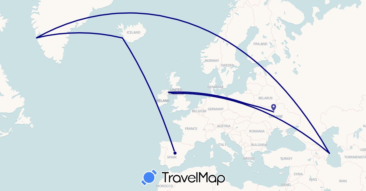 TravelMap itinerary: driving in Azerbaijan, Spain, United Kingdom, Greenland, Isle of Man, Iceland, Poland, Ukraine (Asia, Europe, North America)